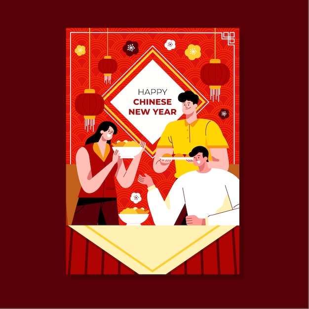 Bezpłatny wektor płaski szablon karty z pozdrowieniami z okazji zjazdu chińskiego nowego roku