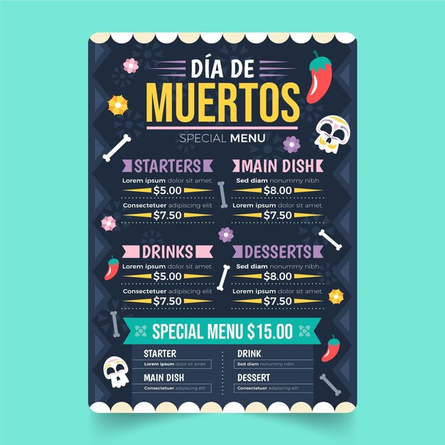 Płaski Szablon Menu Dia De Muertos