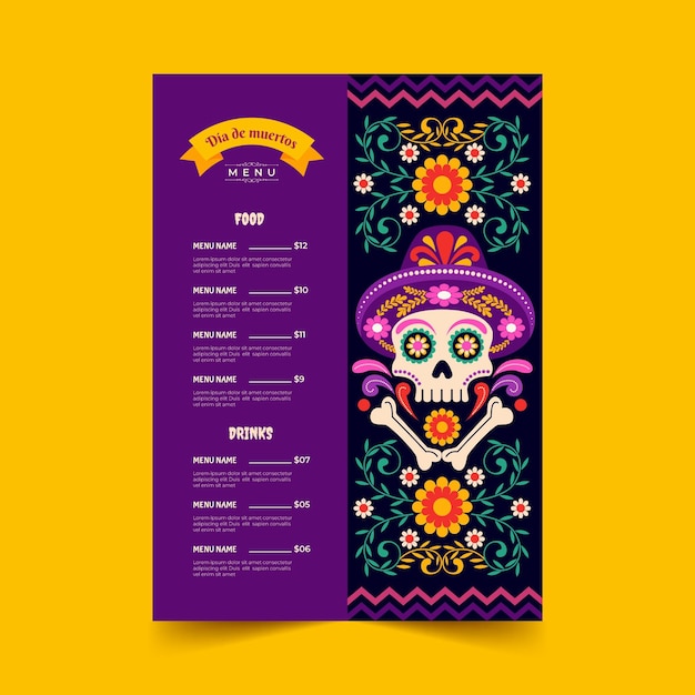 Bezpłatny wektor płaski szablon menu dia de muertos