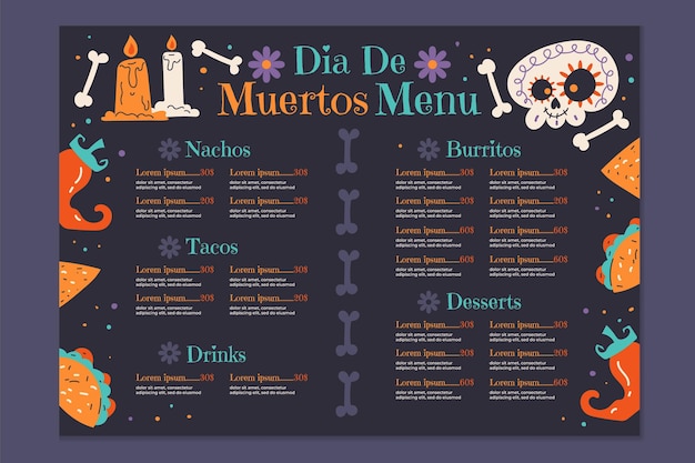 Płaski Szablon Menu Dia De Muertos