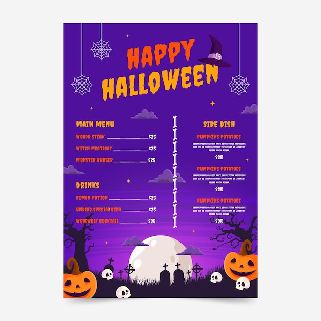 Bezpłatny wektor płaski szablon menu halloween