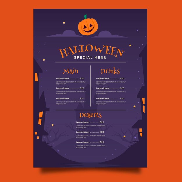 Bezpłatny wektor płaski szablon menu halloween