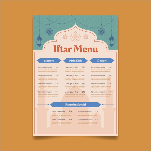 Płaski szablon menu iftar na obchody ramadanu