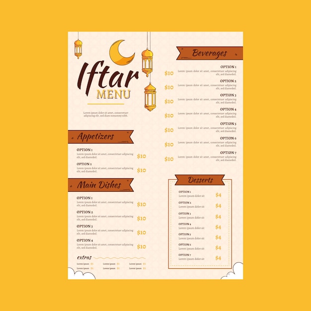 Bezpłatny wektor płaski szablon menu iftar