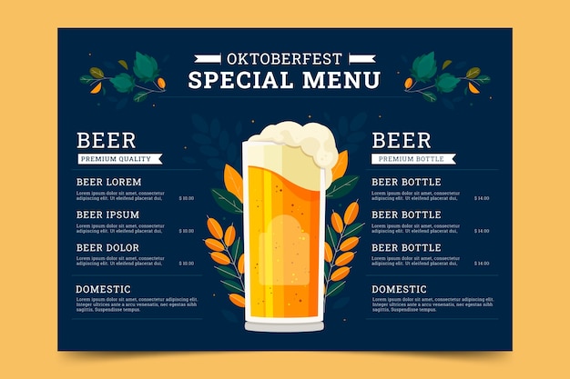 Bezpłatny wektor płaski szablon menu na obchody festiwalu piwa oktoberfest