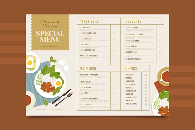 Bezpłatny wektor płaski szablon menu obiadowego