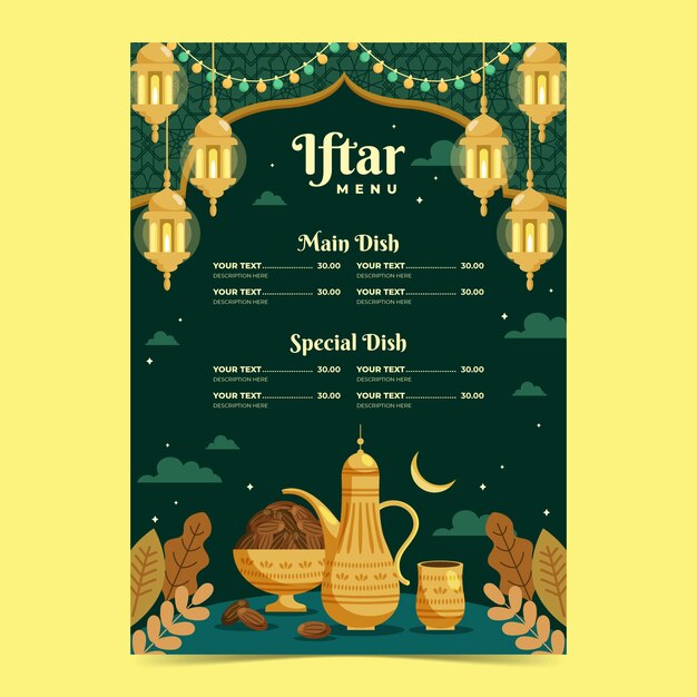 Płaski szablon menu partii iftar na islamskie obchody ramadanu
