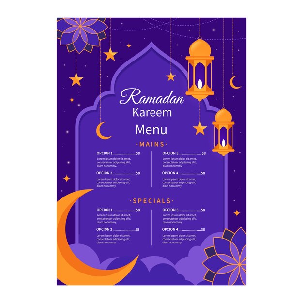 Płaski szablon menu partii iftar na islamskie obchody ramadanu
