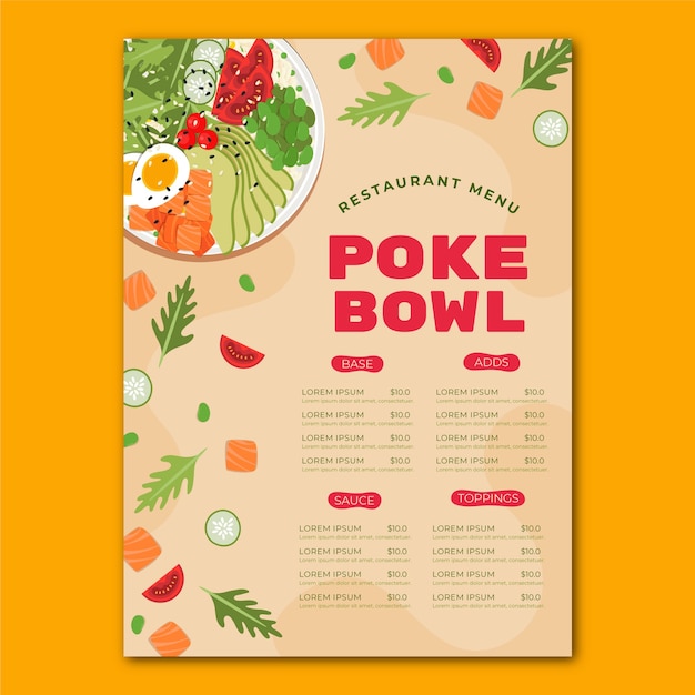 Bezpłatny wektor płaski szablon menu poke bowl