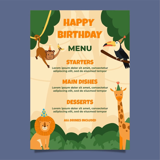 Bezpłatny wektor płaski szablon menu urodzinowego dla dzieci w dżungli