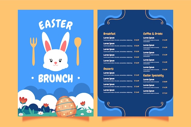 Bezpłatny wektor płaski szablon menu wielkanocnego brunch