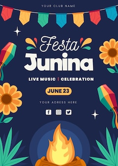 Płaski szablon pionowego plakatu festa junina