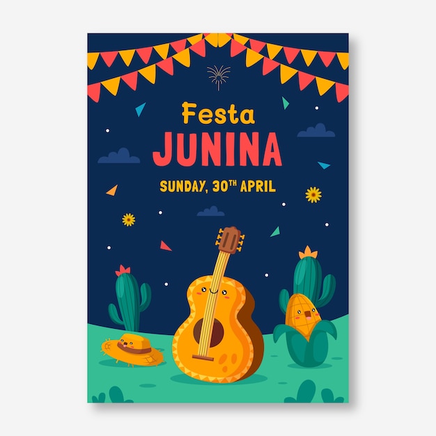 Płaski szablon pionowego plakatu festas juninas