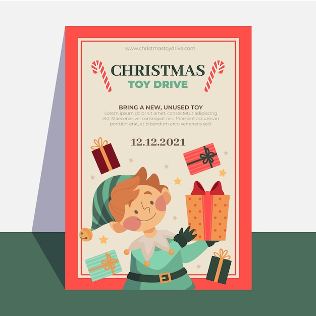 Bezpłatny wektor płaski szablon pionowego plakatu z zabawkami świątecznymi