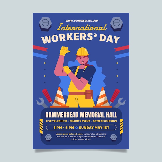 Bezpłatny wektor płaski szablon pionowy plakat dzień pracowników międzynarodowych
