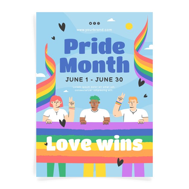 Płaski szablon plakatu pionowego miesiąca dumy lgbt z ludźmi posiadającymi baner