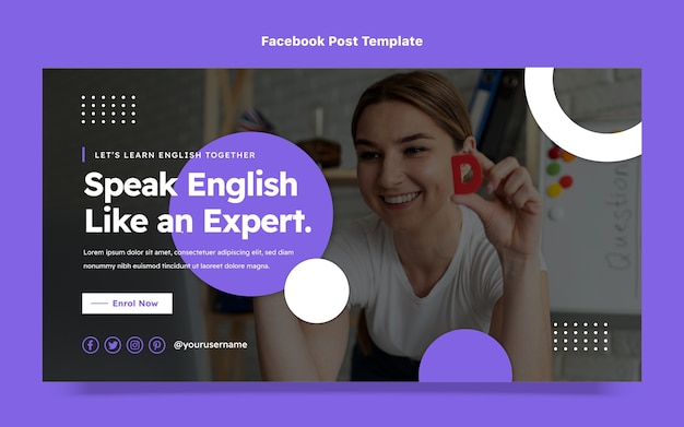Bezpłatny wektor płaski szablon postu w mediach społecznościowych do lekcji języka angielskiego