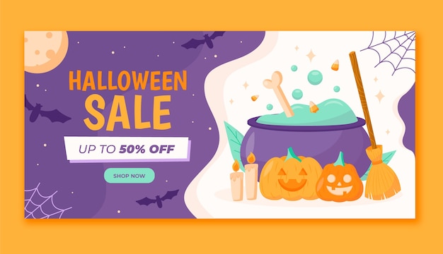 Bezpłatny wektor płaski szablon transparent sprzedaży poziomej halloween