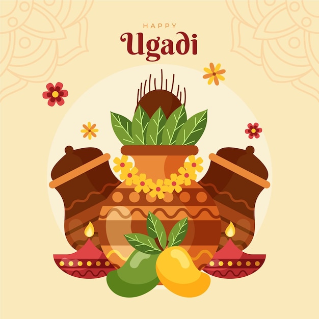 Bezpłatny wektor płaski szczęśliwy ilustracja ugadi