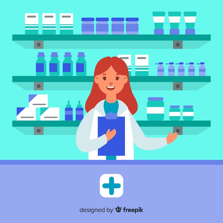 Bezpłatny plik Wektor płaski uśmiechnięty farmaceuta prosty tło