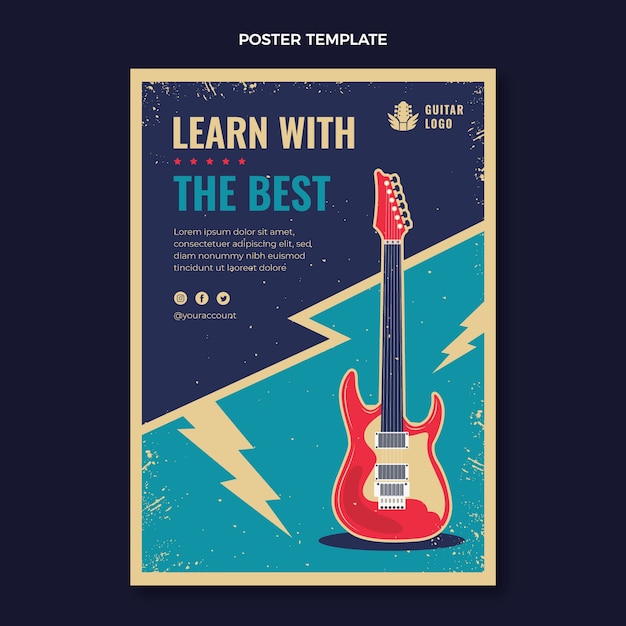 Bezpłatny wektor płaski vintage lekcje gitary pionowy szablon plakatu