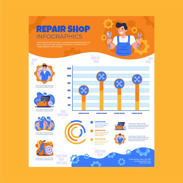 Bezpłatny wektor płaski warsztat samochodowy usługi infografika szablon