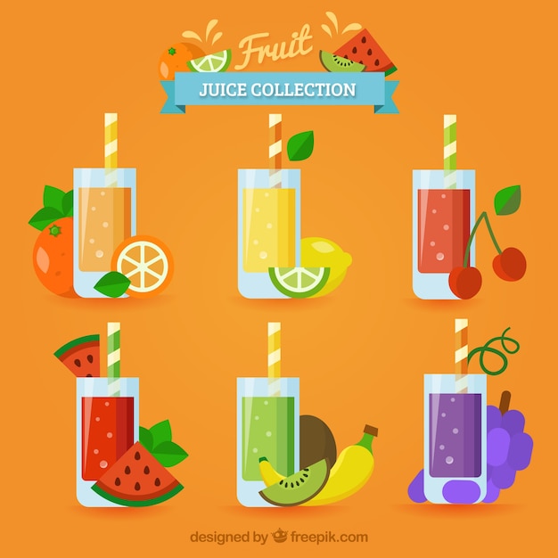Bezpłatny wektor płaski wybór sześciu smacznych soków owocowych
