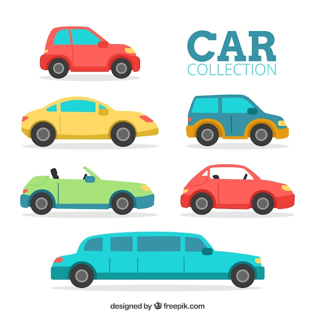 Bezpłatny wektor płaski zbiór sześciu kolorowych samochodów