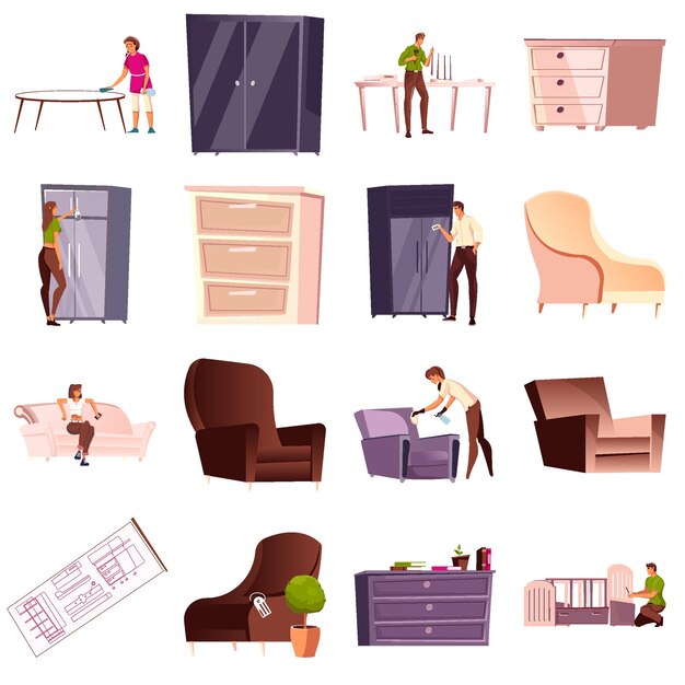 Płaski zestaw ikon z ludźmi producenta mebli w domu i w sklepie szafa fotel szafka stół na białym tle ilustracji wektorowych