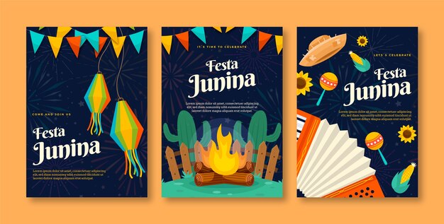 Bezpłatny wektor płaski zestaw kartek z życzeniami festas juninas