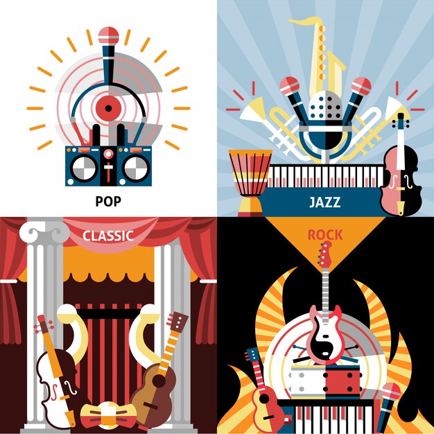 Płaski zestaw kompozycji instrumentów muzycznych. Pop, jazz, klasyka i rock