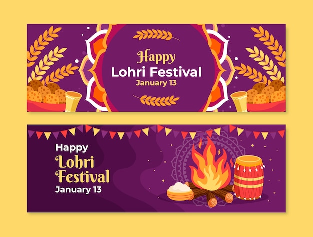 Bezpłatny wektor płaski zestaw poziomych banerów festiwalu lohri