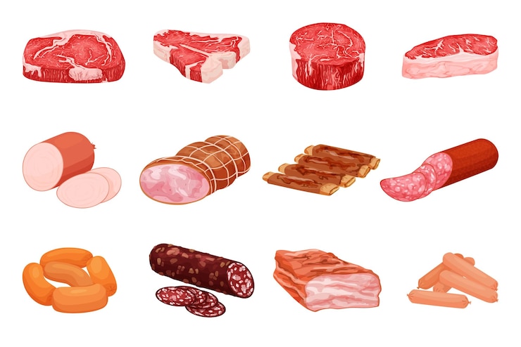 Bezpłatny plik Wektor płaski zestaw produktów mięsnych z izolowanymi obrazami surowych steków, kiełbasek i bekonu na ilustracji wektorowych puste tło