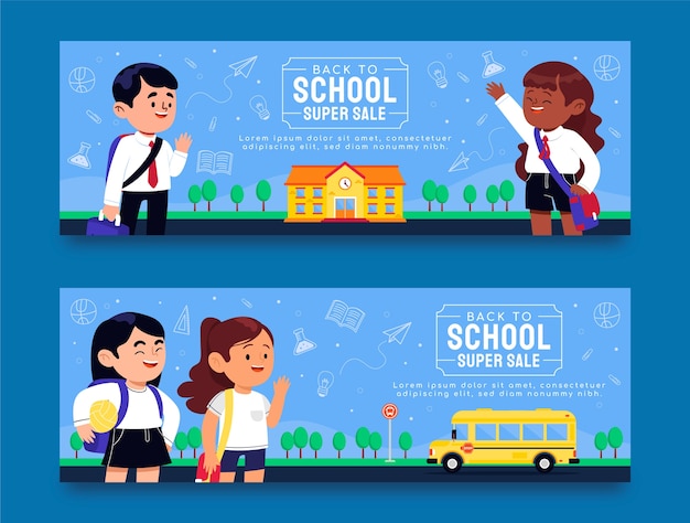 Bezpłatny wektor płaskie banery sprzedaży z powrotem do szkoły ze studentami i autobusem