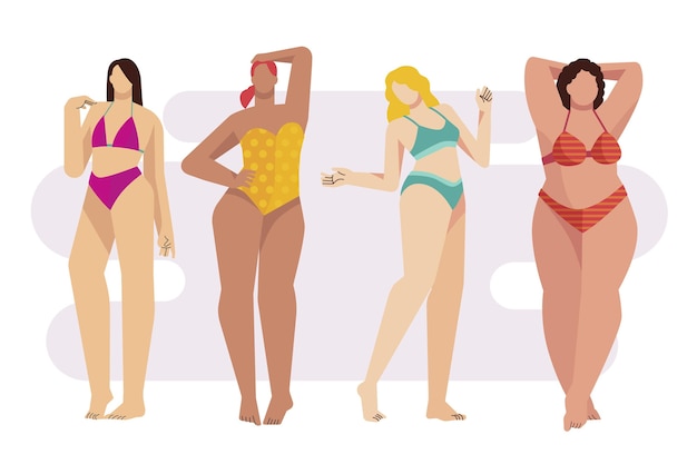 Płaskie dziewczyny w bikini zestaw ilustracji