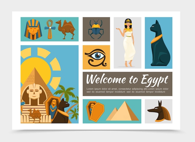 Bezpłatny wektor płaskie elementy egiptu zestaw z maskami faraona i boga anubisa wielbłąda krzyż kostki skarabeusza egipski kot księżniczka piramidy sfinks ilustracja oko horusa,