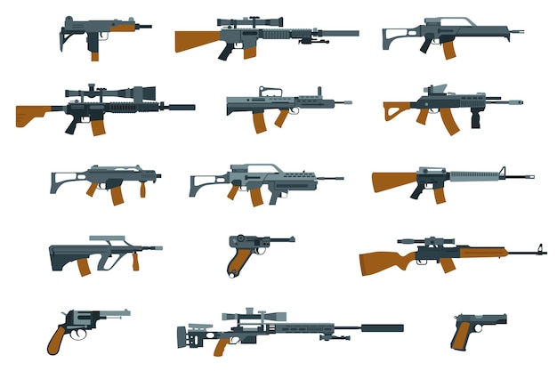 Bezpłatny wektor płaskie ikony broni. pistolet i karabin, strzelba i karabin maszynowy.