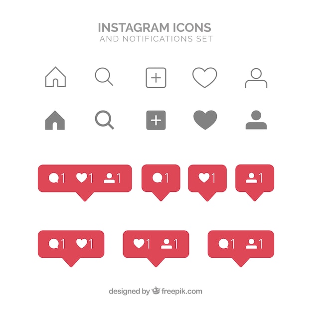 Bezpłatny wektor płaskie ikony i zestaw powiadomień instagram