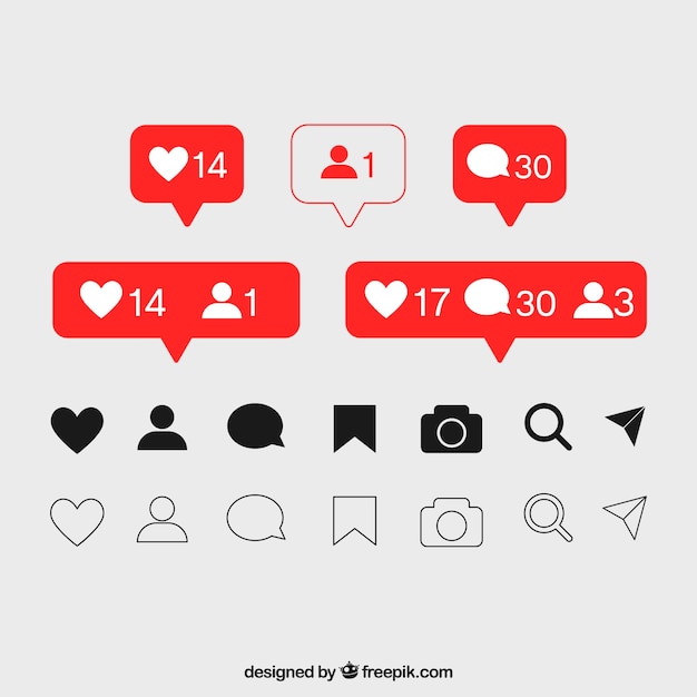 Bezpłatny wektor płaskie ikony i zestaw powiadomień instagram