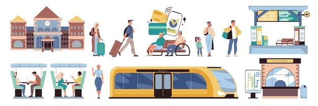 Płaskie Ikony Stacji Kolejowej Z Pasażerami I Wagonem Kolejowym Na Białym Tle Ilustracji Wektorowych