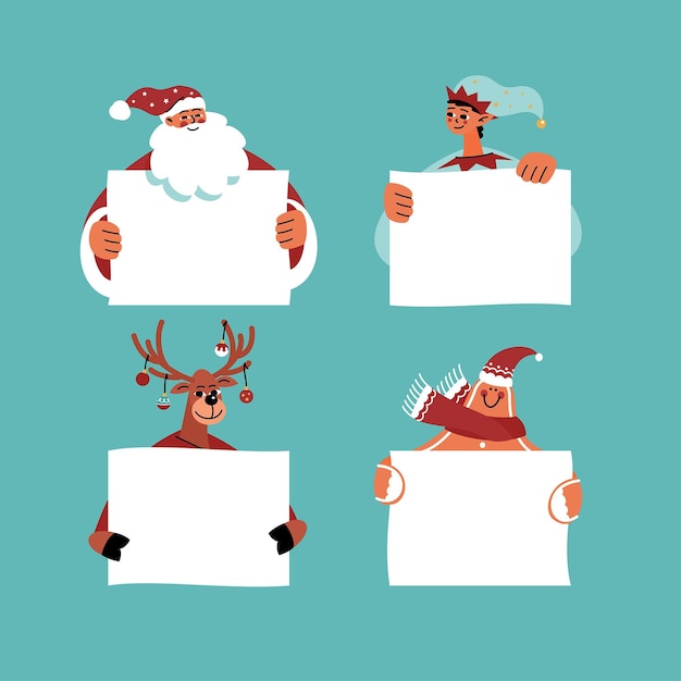 Płaskie ilustracje świątecznych postaci trzymających pusty sztandar