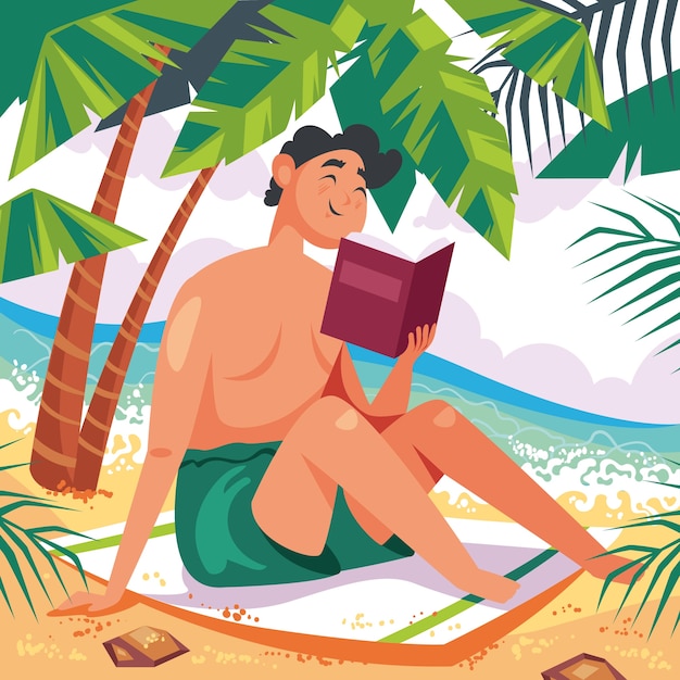 Płaskie lato czytanie książek ilustracja z mężczyzną na plaży