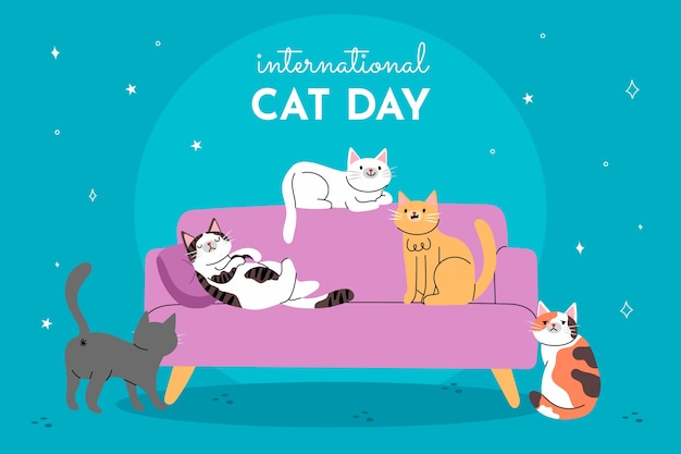 Bezpłatny wektor płaskie międzynarodowe tło dnia kota z kotami na kanapie