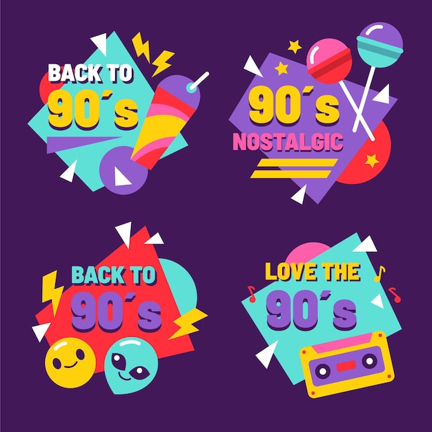 Płaskie nostalgiczne odznaki z lat 90.