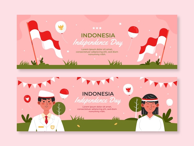 Bezpłatny wektor płaskie poziome banery dzień niepodległości indonezji z ludźmi i flagami