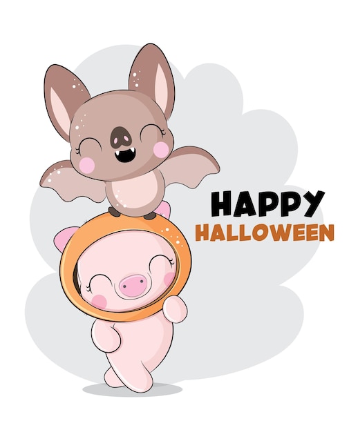 Bezpłatny wektor płaskie słodkie zwierzę szczęśliwy halloween ilustracja dla dzieci. słodka postać halloween