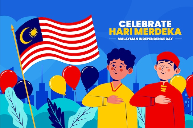 Płaskie Tło Dzień Niepodległości Malezji Z Ludźmi I Flagą