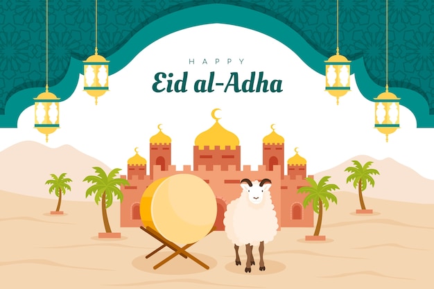 Bezpłatny wektor płaskie tło eid al-adha z bębnem i owcami
