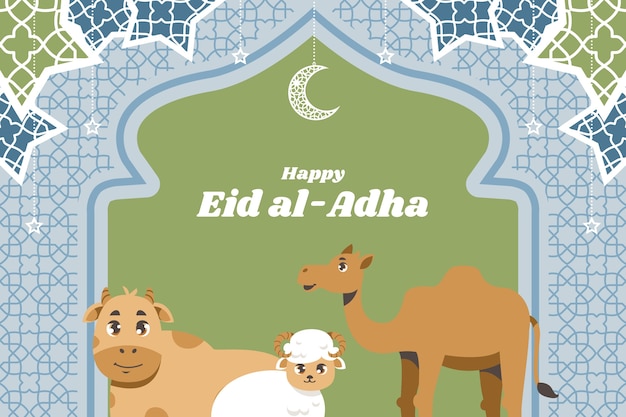 Płaskie tło eid al-adha ze zwierzętami