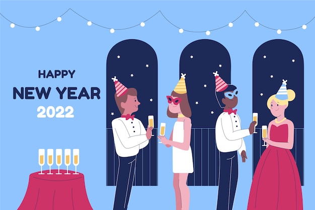 Płaskie tło nowego roku z ludźmi pijącymi szampana